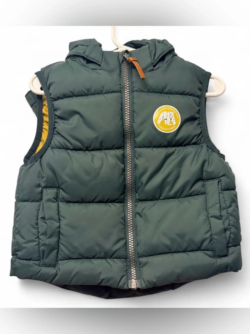 H&M Green Quilted Hooded Puffer Vest with Yellow Patch